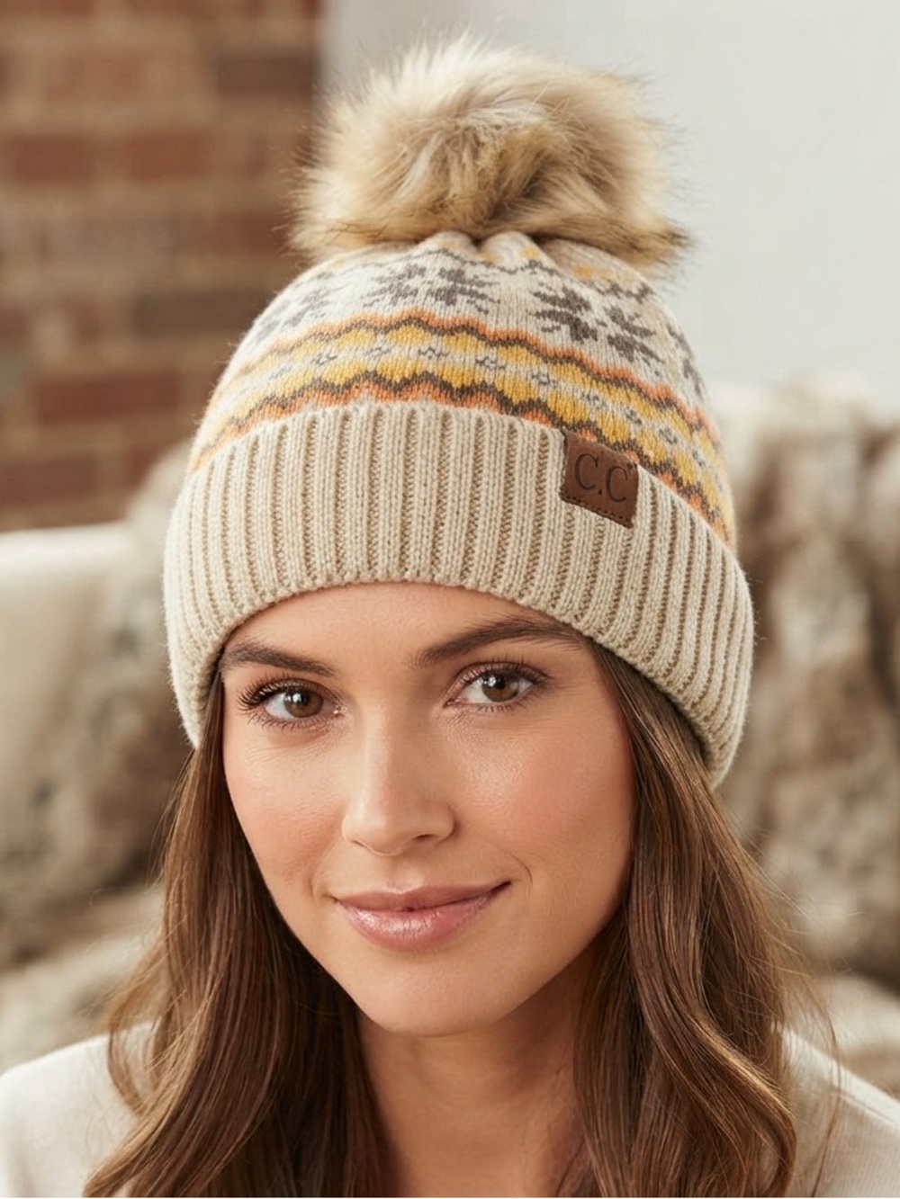 C.C Women's Beanie with Pom Pom - Cream, Orange, and Brown
